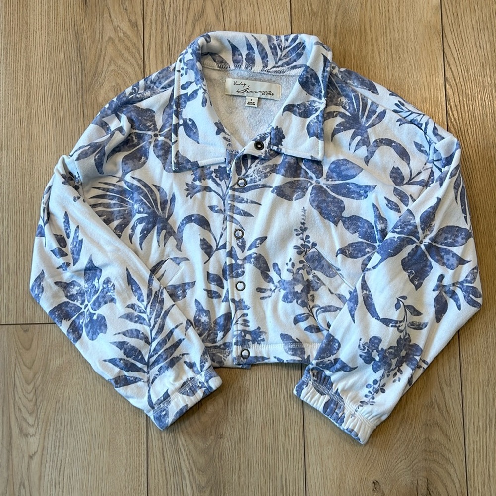 Vintage Havana Button Down White with Blue Flower Print Jacket